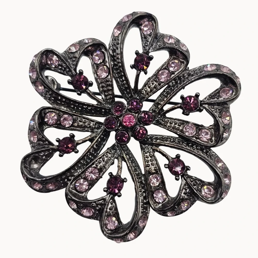 Rhinestone Floral Butterfly Brooch Pin Set 3pc Purple Pink Gunmetal‎ Whimsigoth